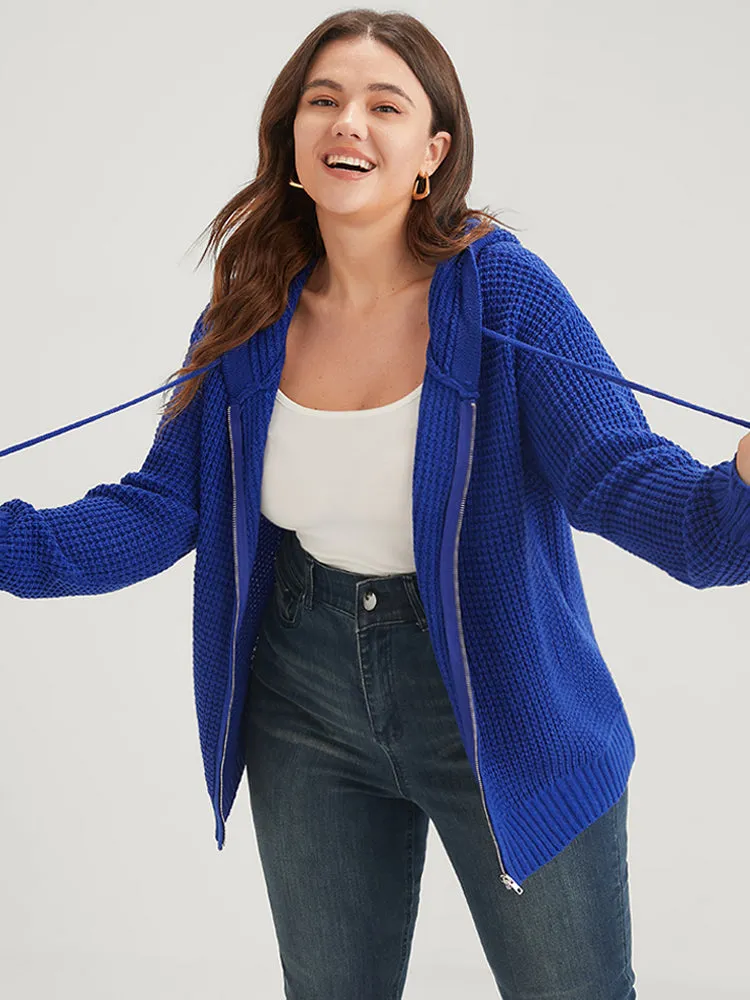 Plain Pointelle Knit Ties Zipper Hooded Cardigan sold by Bloomchic