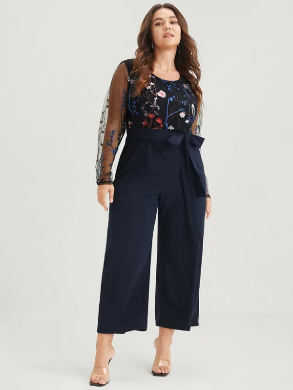 Solid Pocket Embroidered Mesh Sleeve Knotted Jumpsuit sold by Bloomchic