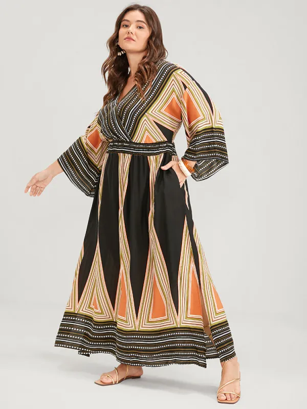 Bloom Dress - Bandana Pocket Split Button Shirred Dolman Sleeve Geometric Wrap Dress sold by Bloomchic