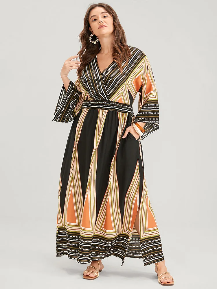 Bloom Dress - Bandana Pocket Split Button Shirred Dolman Sleeve Geometric Wrap Dress sold by Bloomchic product image thumbnail 2