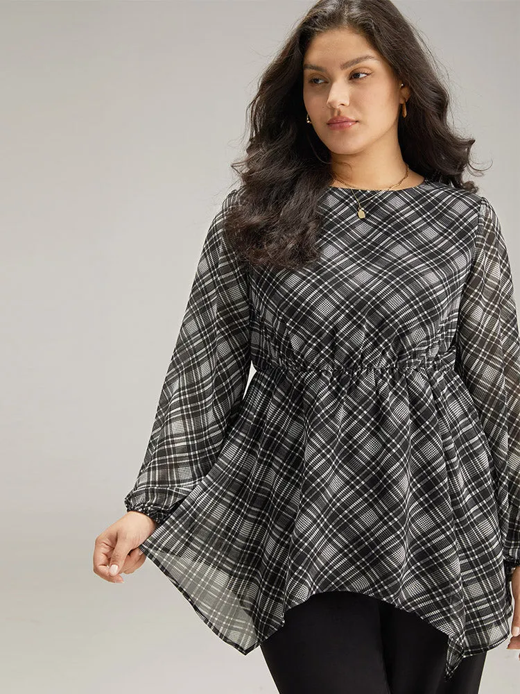 Plaid Chiffon Lantern Sleeve Hanky Hem Blouse sold by Bloomchic product image thumbnail 5