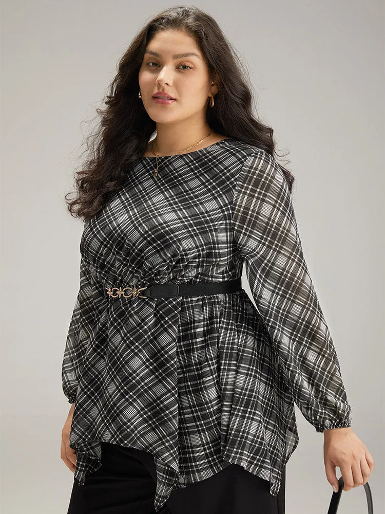 Plaid Chiffon Lantern Sleeve Hanky Hem Blouse sold by Bloomchic product image thumbnail 3