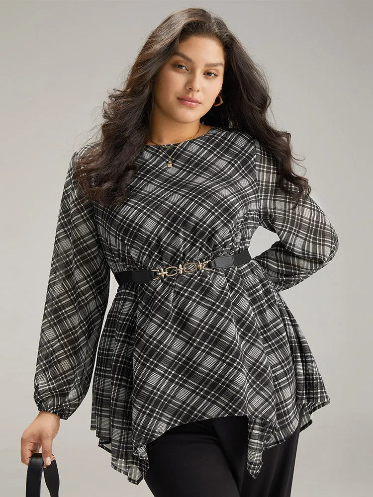 Plaid Chiffon Lantern Sleeve Hanky Hem Blouse sold by Bloomchic product image thumbnail 2