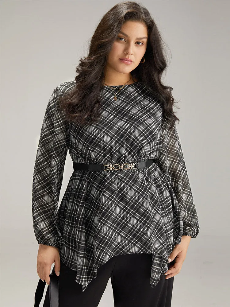 Plaid Chiffon Lantern Sleeve Hanky Hem Blouse sold by Bloomchic