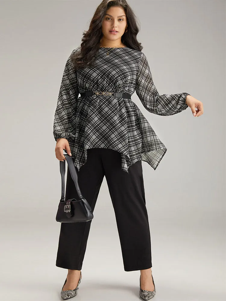 Plaid Chiffon Lantern Sleeve Hanky Hem Blouse sold by Bloomchic product image thumbnail 4