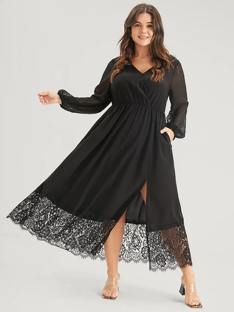 Solid Split Eyelet Lace Belted Pocket Button Wrap Maxi Dress sold by Bloomchic