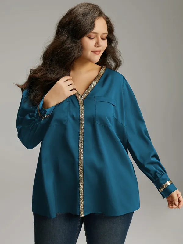 Sequin Patchwork V Neck Blouse sold by Bloomchic