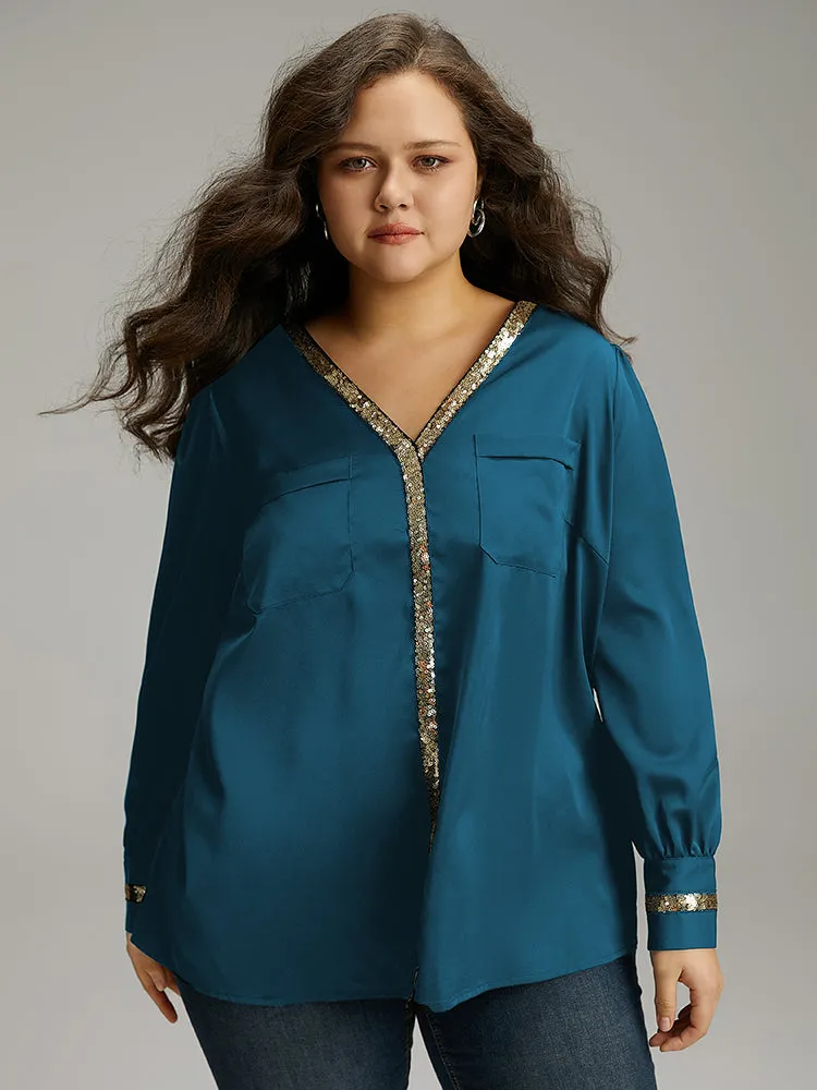 Sequin Patchwork V Neck Blouse sold by Bloomchic product image thumbnail 5