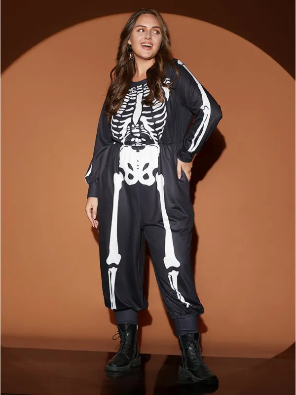 Halloween Skull Print Round Neck Pocket Jumpsuit sold by Bloomchic