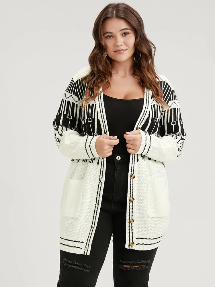 Geometric Knitted Jacquard Contrast Pocket Button Front Cardigan sold by Bloomchic product image thumbnail 2