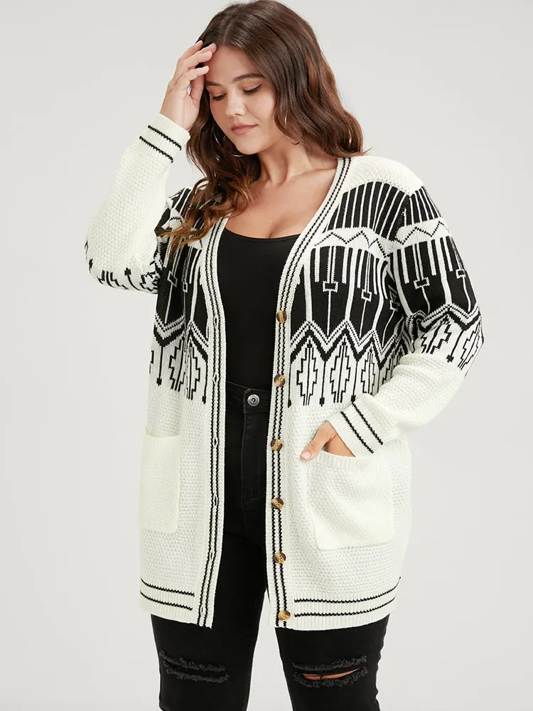 Geometric Knitted Jacquard Contrast Pocket Button Front Cardigan sold by Bloomchic product image thumbnail 3
