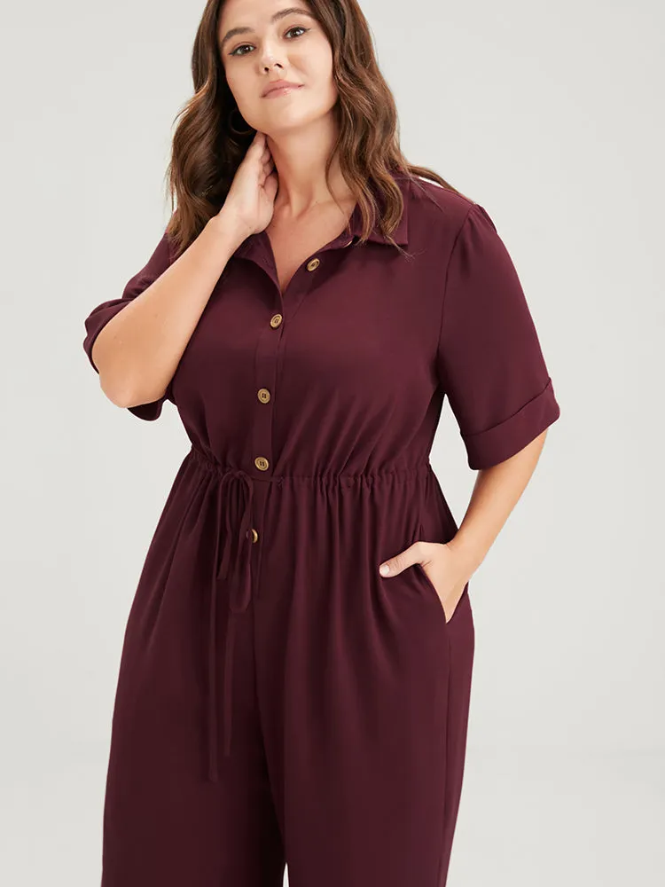 Plain Button Pocket Cuffed Sleeve Shirt Collar Drawstring Jumpsuit sold by Bloomchic product image thumbnail 5