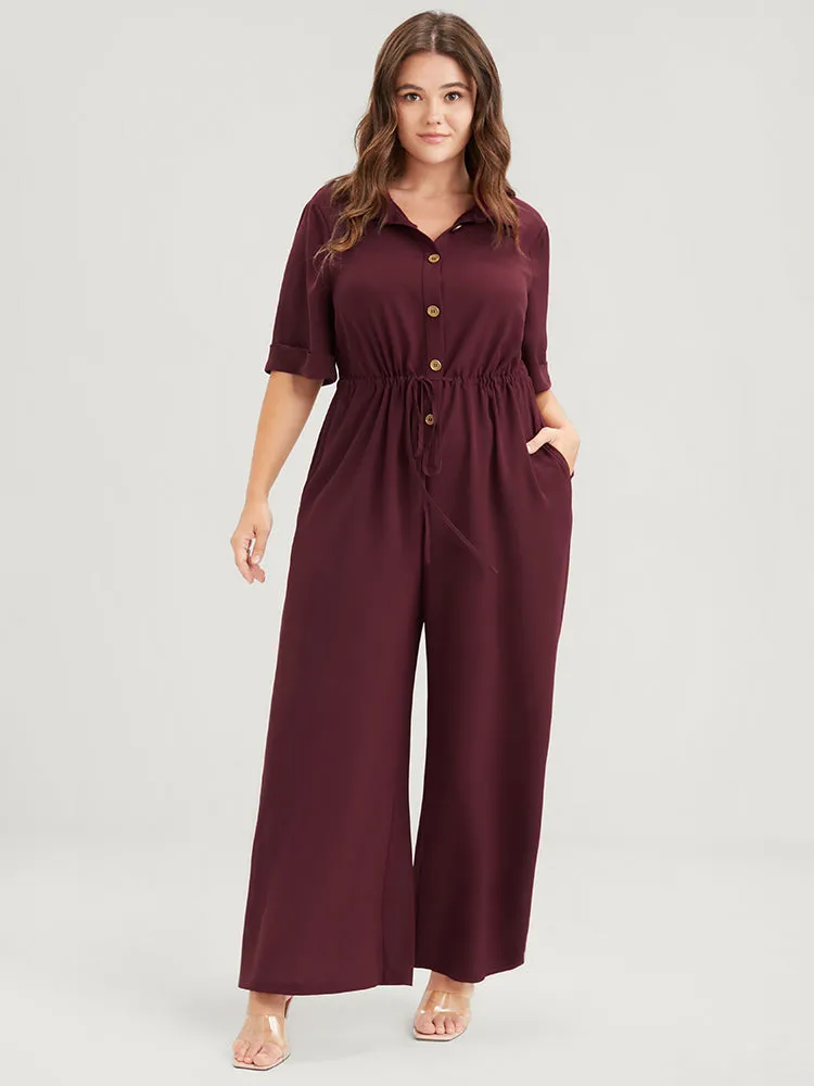 Plain Button Pocket Cuffed Sleeve Shirt Collar Drawstring Jumpsuit sold by Bloomchic