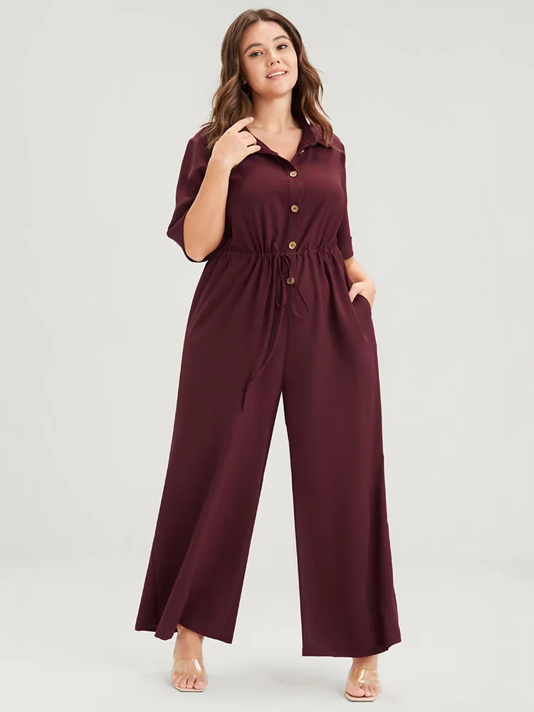 Plain Button Pocket Cuffed Sleeve Shirt Collar Drawstring Jumpsuit sold by Bloomchic product image thumbnail 4