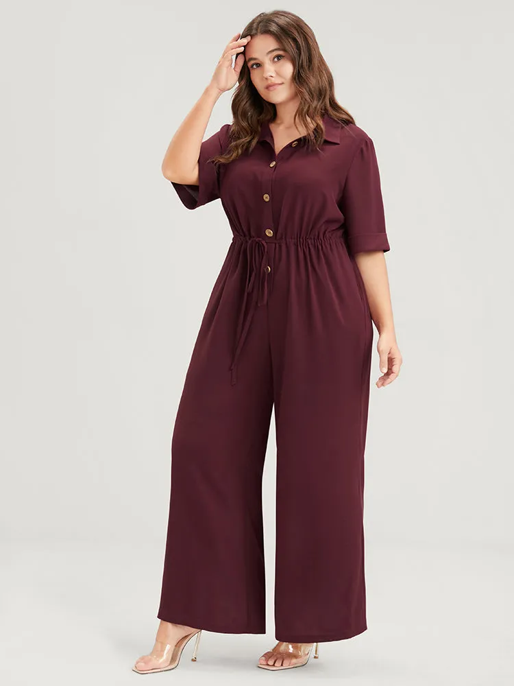 Plain Button Pocket Cuffed Sleeve Shirt Collar Drawstring Jumpsuit sold by Bloomchic product image thumbnail 3