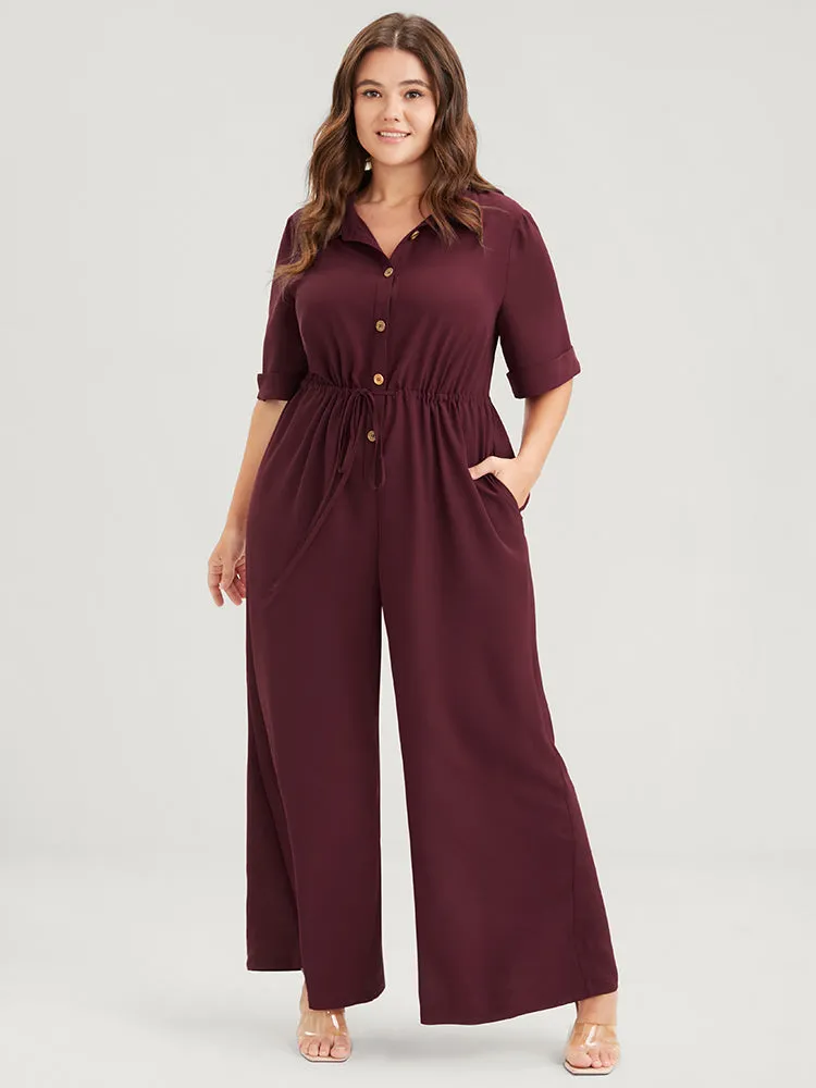 Plain Button Pocket Cuffed Sleeve Shirt Collar Drawstring Jumpsuit sold by Bloomchic product image thumbnail 2