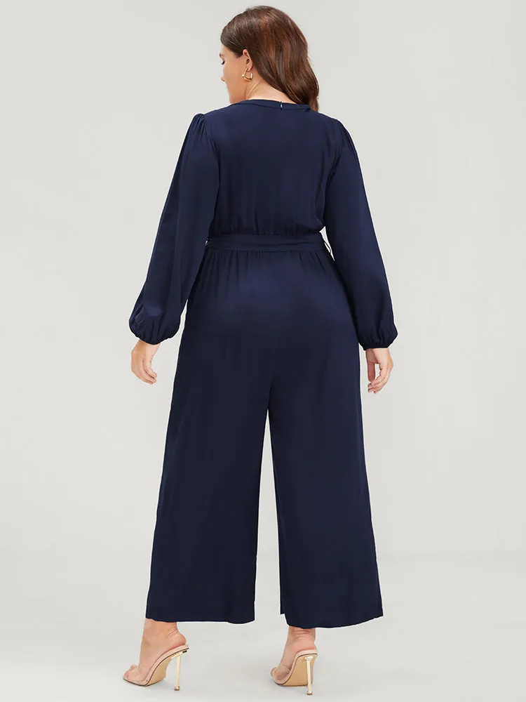 Solid V Neck Lantern Sleeve Embroidered Pocket Ties Jumpsuit sold by Bloomchic product image thumbnail 2