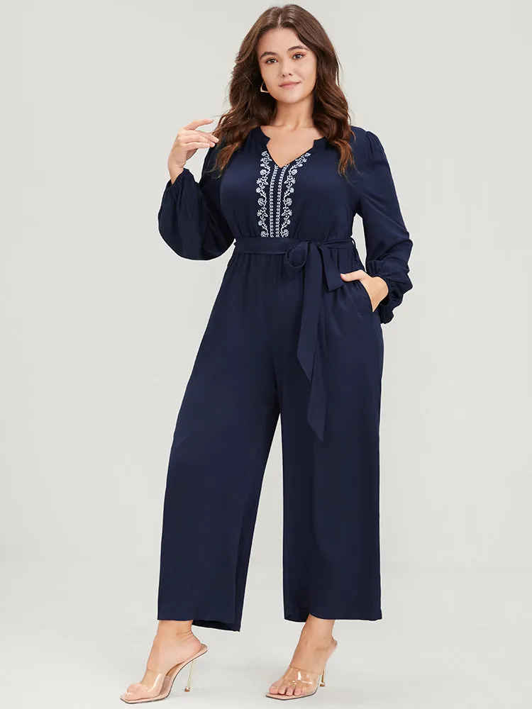 Solid V Neck Lantern Sleeve Embroidered Pocket Ties Jumpsuit sold by Bloomchic product image thumbnail 3