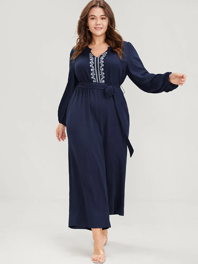 Solid V Neck Lantern Sleeve Embroidered Pocket Ties Jumpsuit sold by Bloomchic product image thumbnail 4