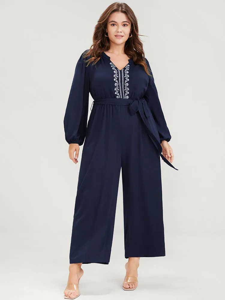 Solid V Neck Lantern Sleeve Embroidered Pocket Ties Jumpsuit sold by Bloomchic