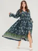 Floral Lantern Sleeve Pocket Split Wrap Flutter Hem Maxi Dress sold by Bloomchic