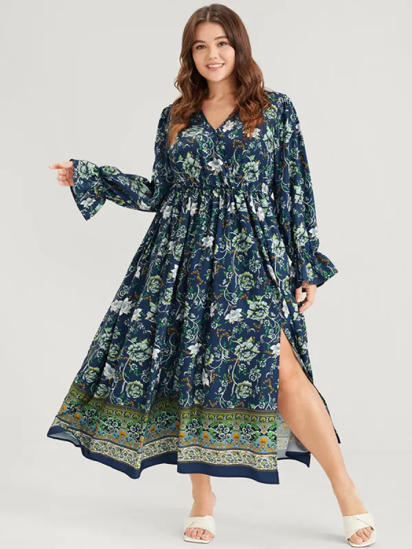 Floral Lantern Sleeve Pocket Split Wrap Flutter Hem Maxi Dress sold by Bloomchic
