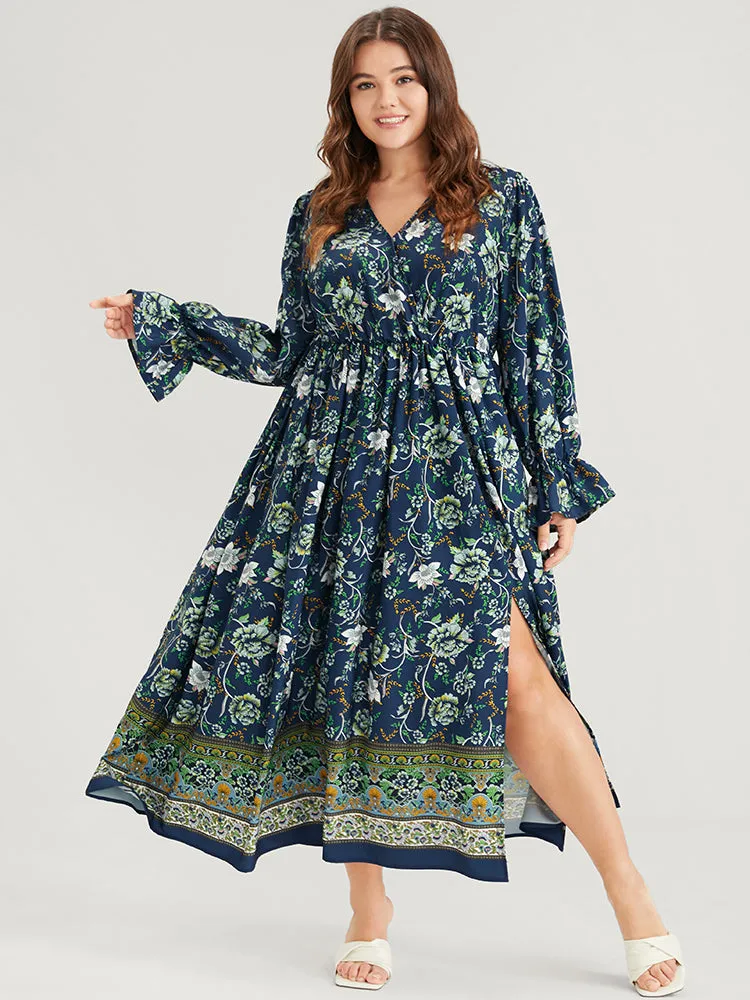 Floral Lantern Sleeve Pocket Split Wrap Flutter Hem Maxi Dress sold by Bloomchic