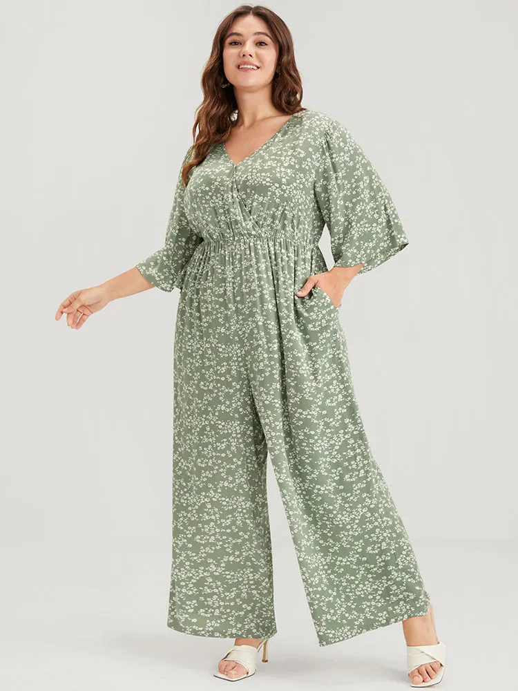 Ditsy Floral Pocket Elastic Waist Flutter Sleeve Wrap Jumpsuit sold by Bloomchic product image thumbnail 4