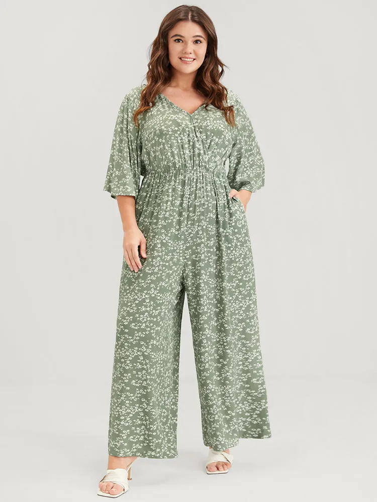 Ditsy Floral Pocket Elastic Waist Flutter Sleeve Wrap Jumpsuit sold by Bloomchic product image thumbnail 2
