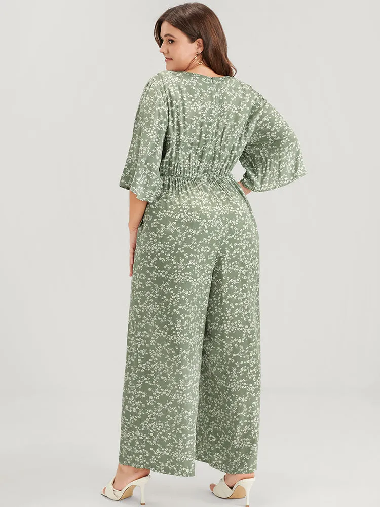 Ditsy Floral Pocket Elastic Waist Flutter Sleeve Wrap Jumpsuit sold by Bloomchic product image thumbnail 5