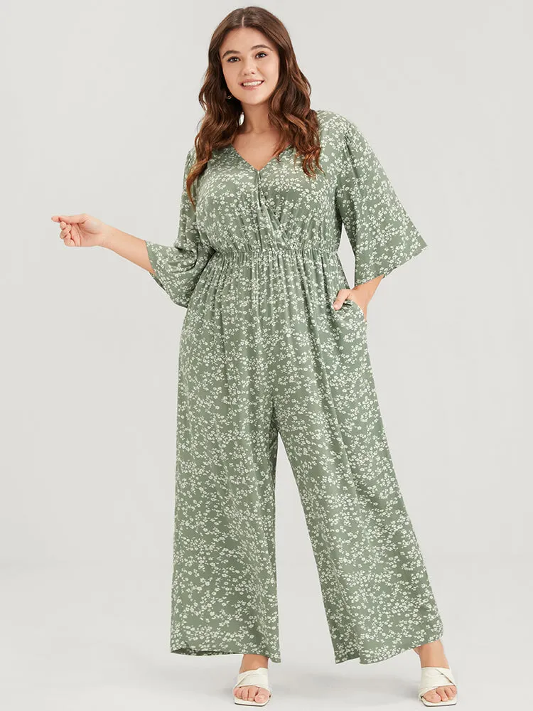 Ditsy Floral Pocket Elastic Waist Flutter Sleeve Wrap Jumpsuit sold by Bloomchic product image thumbnail 3