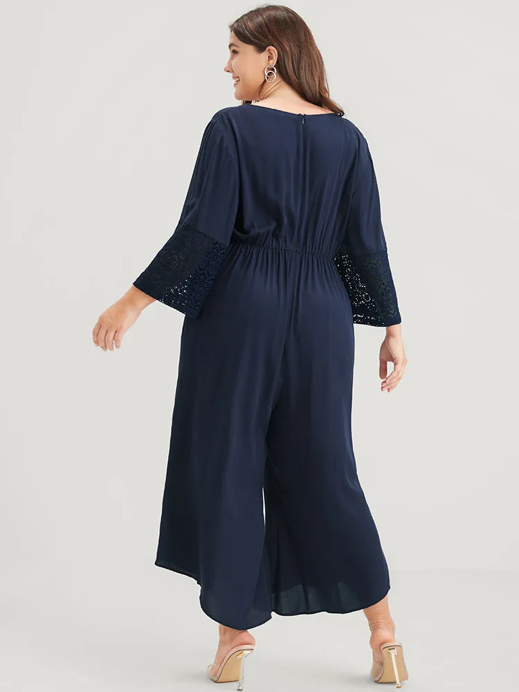 Solid Bell Sleeve Pocket Tie Contrast Lace Wrap Jumpsuit sold by Bloomchic product image thumbnail 4