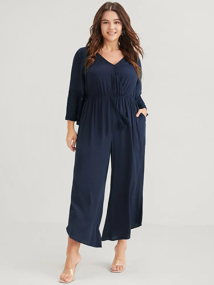 Solid Bell Sleeve Pocket Tie Contrast Lace Wrap Jumpsuit sold by Bloomchic product image thumbnail 3