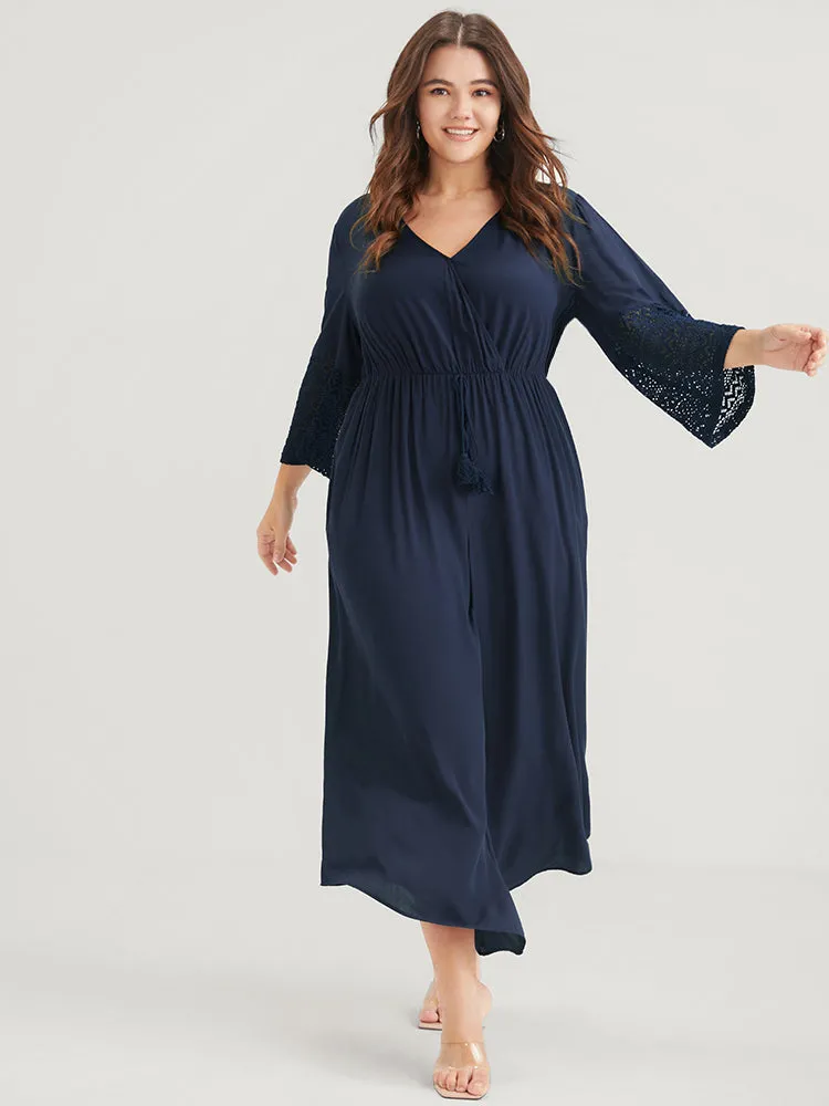 Solid Bell Sleeve Pocket Tie Contrast Lace Wrap Jumpsuit sold by Bloomchic product image thumbnail 2