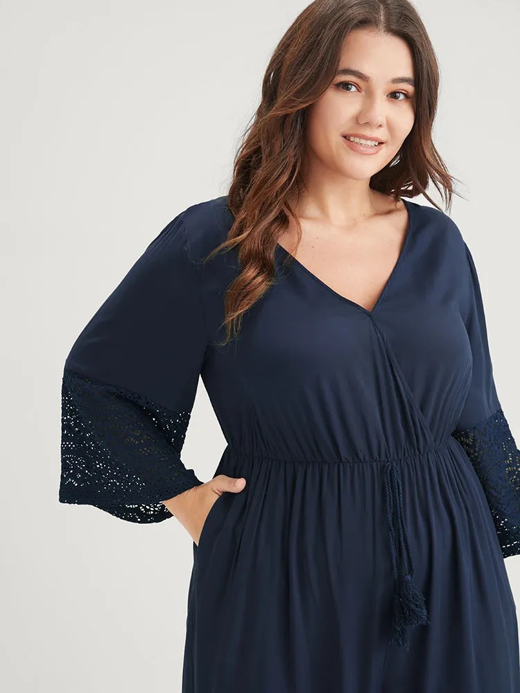 Solid Bell Sleeve Pocket Tie Contrast Lace Wrap Jumpsuit sold by Bloomchic product image thumbnail 5