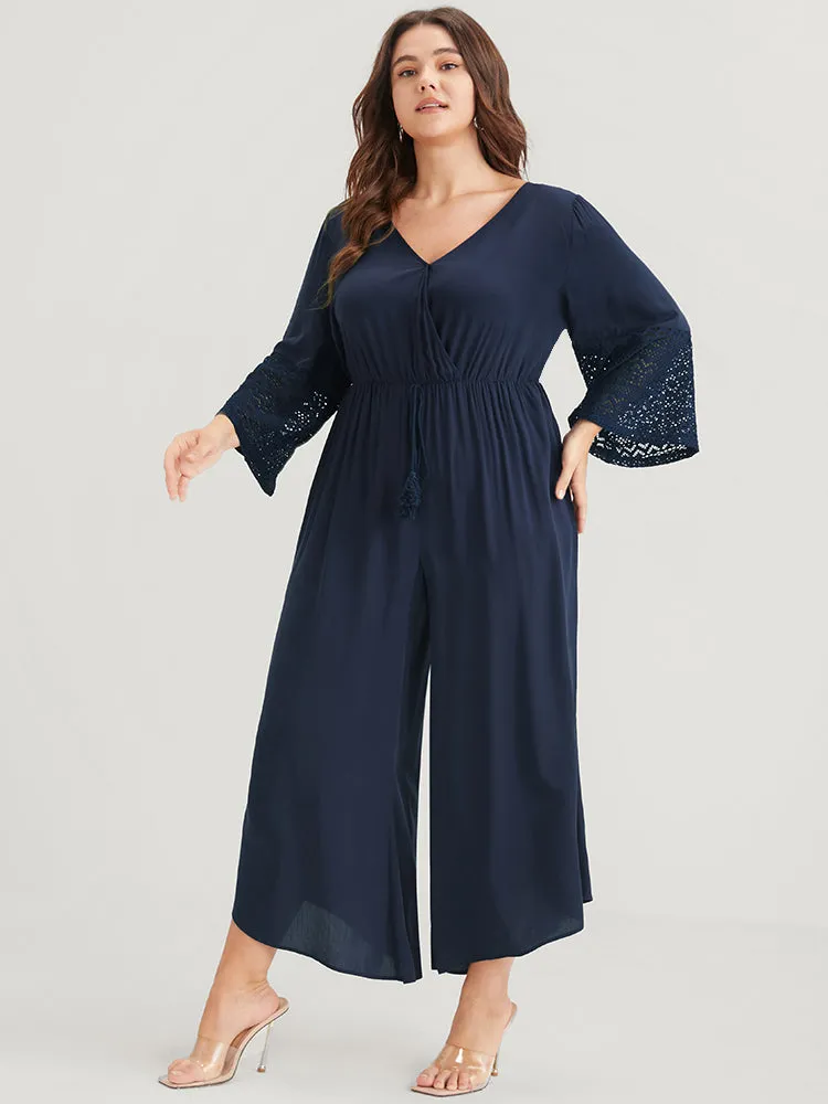 Solid Bell Sleeve Pocket Tie Contrast Lace Wrap Jumpsuit sold by Bloomchic