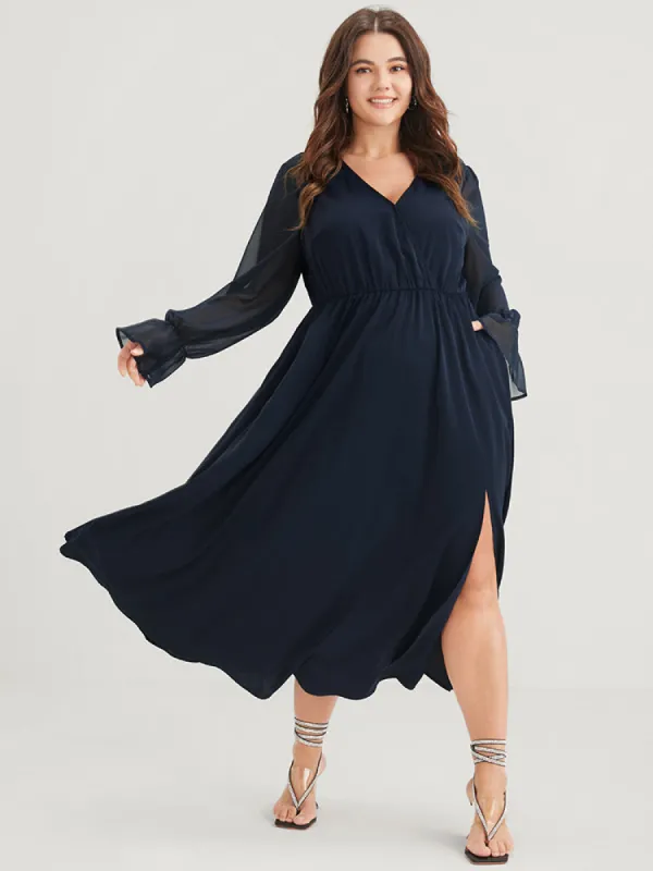 Solid Button Split Pocket Wrap Lantern Sleeve Ruffles Hem Dress sold by Bloomchic