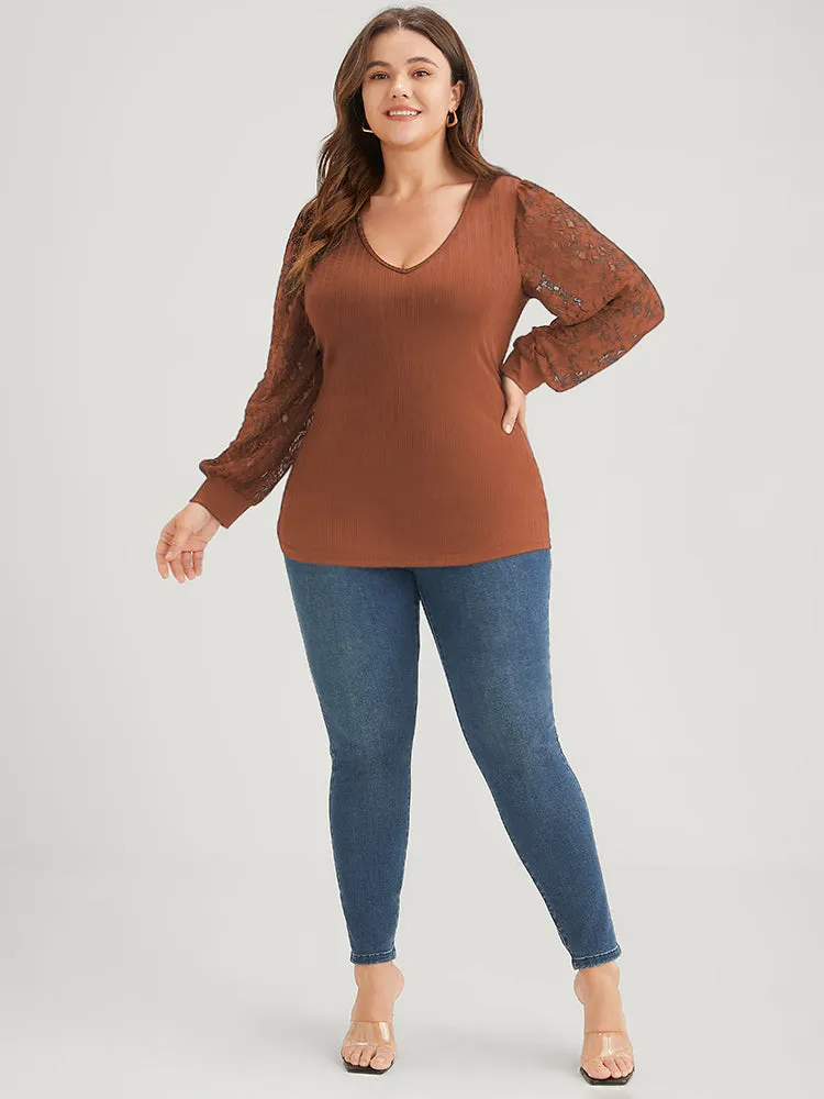 Solid Rib Knit Contrast Lace Lantern Sleeve Long Tee sold by Bloomchic product image thumbnail 3