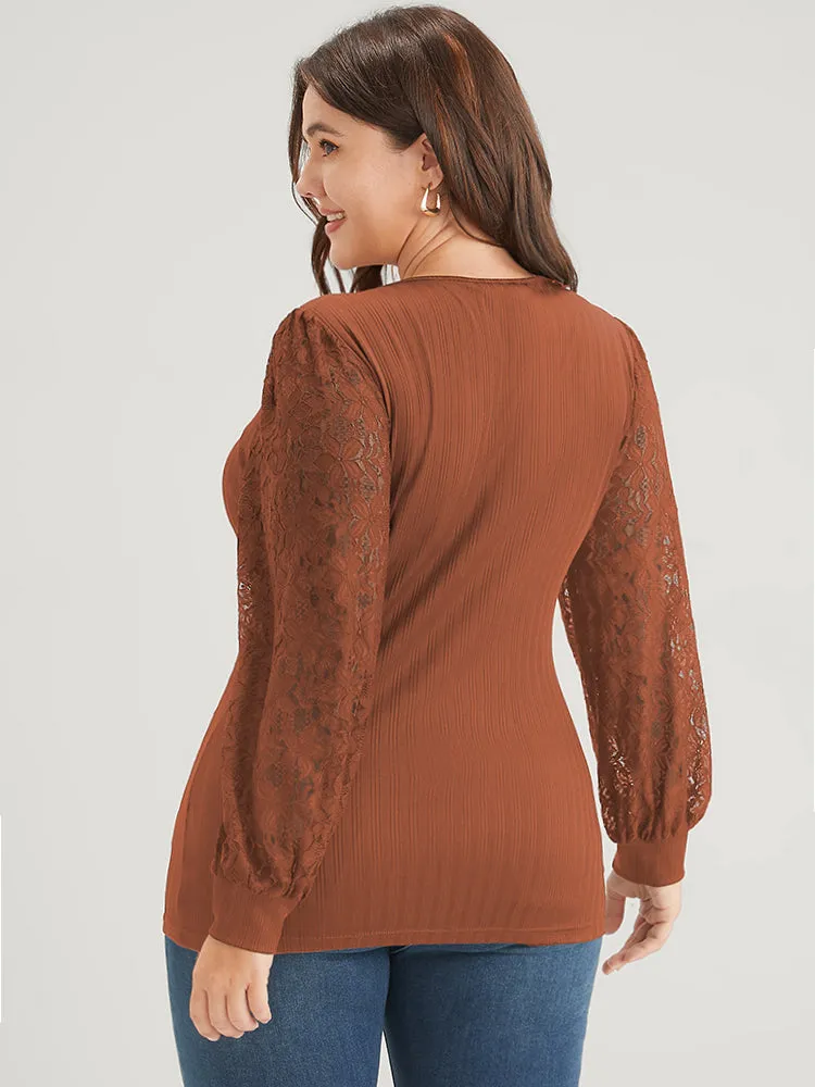 Solid Rib Knit Contrast Lace Lantern Sleeve Long Tee sold by Bloomchic product image thumbnail 2