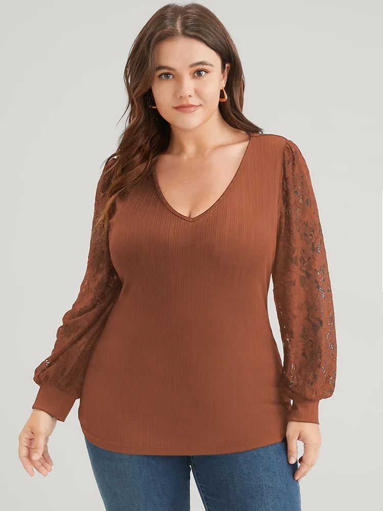 Solid Rib Knit Contrast Lace Lantern Sleeve Long Tee sold by Bloomchic