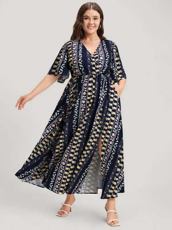 Floral Striped Ruffles Split Pocket Wrap Maxi Dress sold by Bloomchic