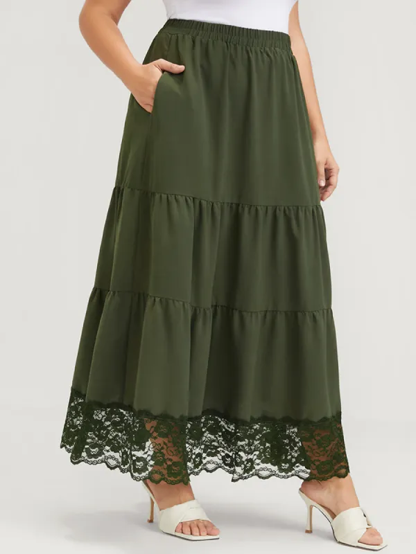 Solid Pocket Lace Trim Ruffle Hem Skirt sold by Bloomchic