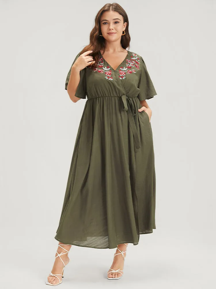 Solid Pocket Knotted Embroidered Ruffles Hem Wrap Dress sold by Bloomchic product image thumbnail 2