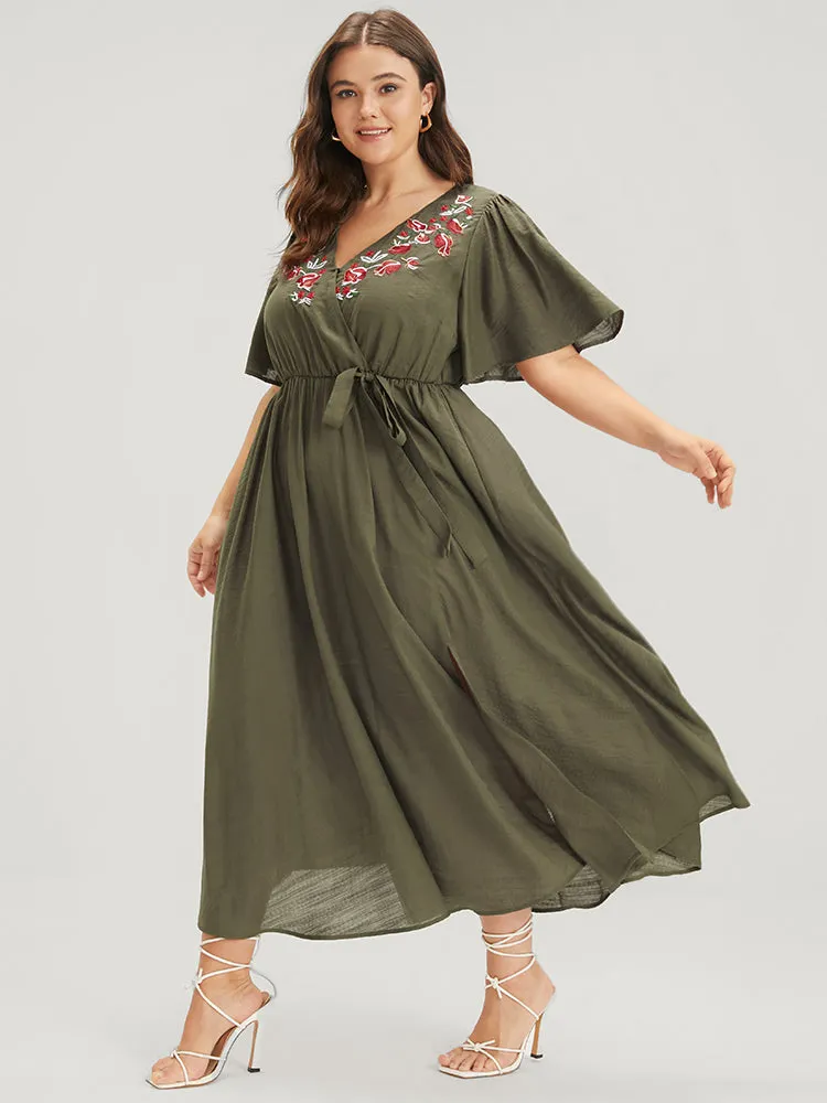 Solid Pocket Knotted Embroidered Ruffles Hem Wrap Dress sold by Bloomchic product image thumbnail 3