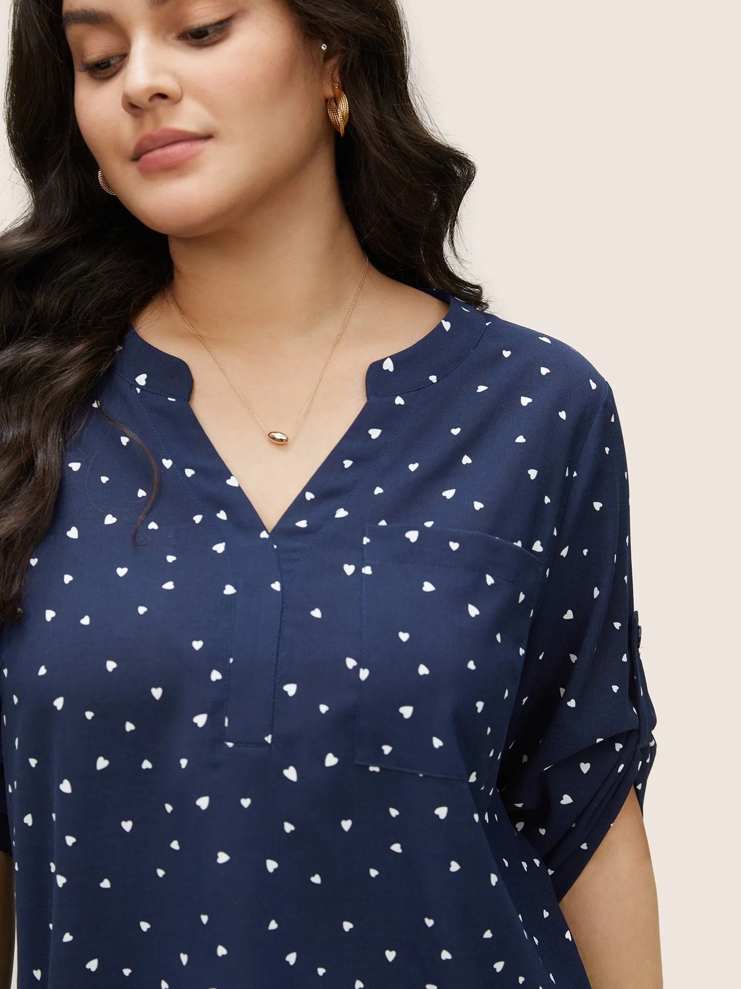 Heart Print Tab Sleeve Pocket Notched Blouse sold by Bloomchic product image thumbnail 4