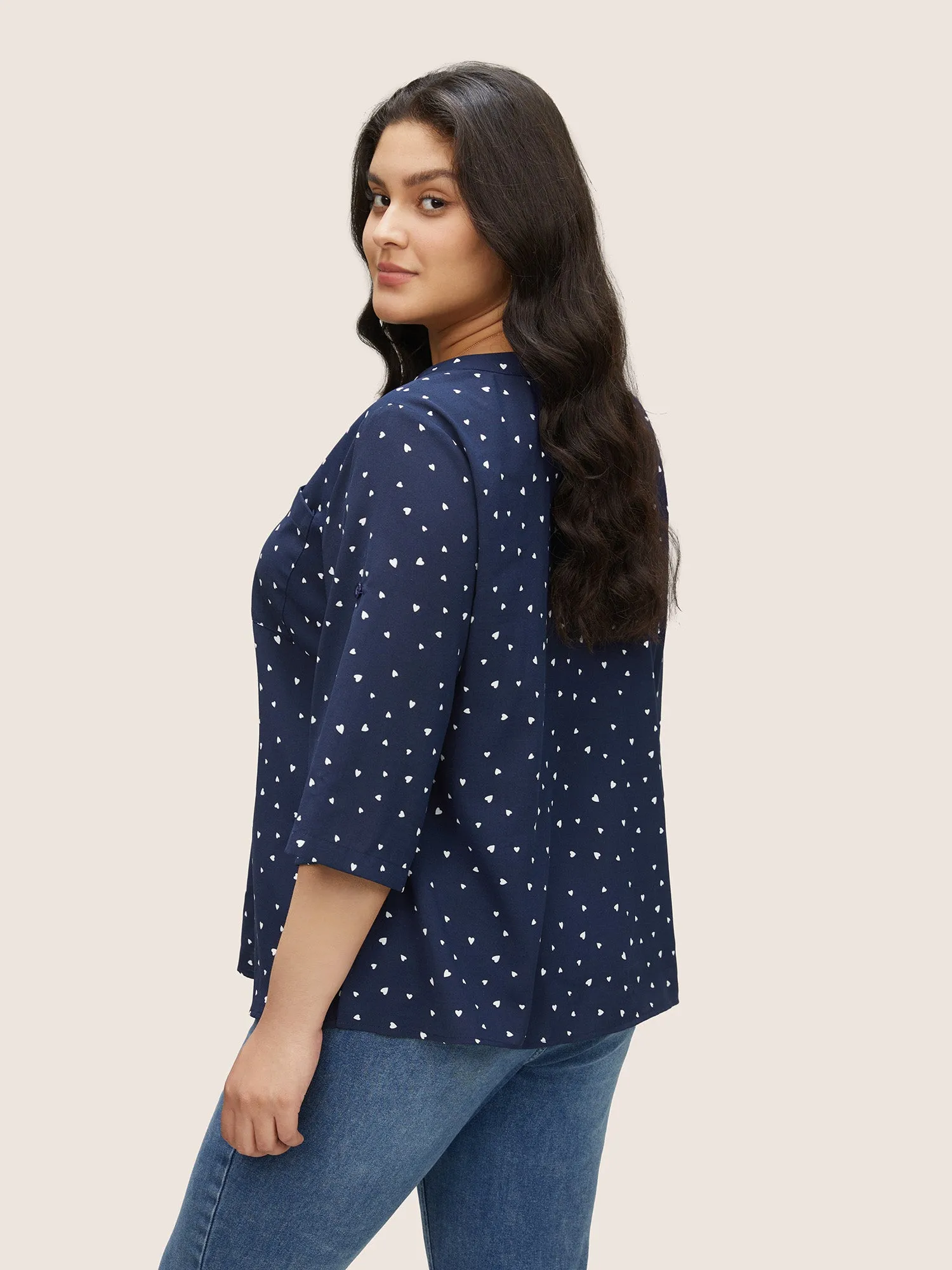 Heart Print Tab Sleeve Pocket Notched Blouse sold by Bloomchic product image thumbnail 3