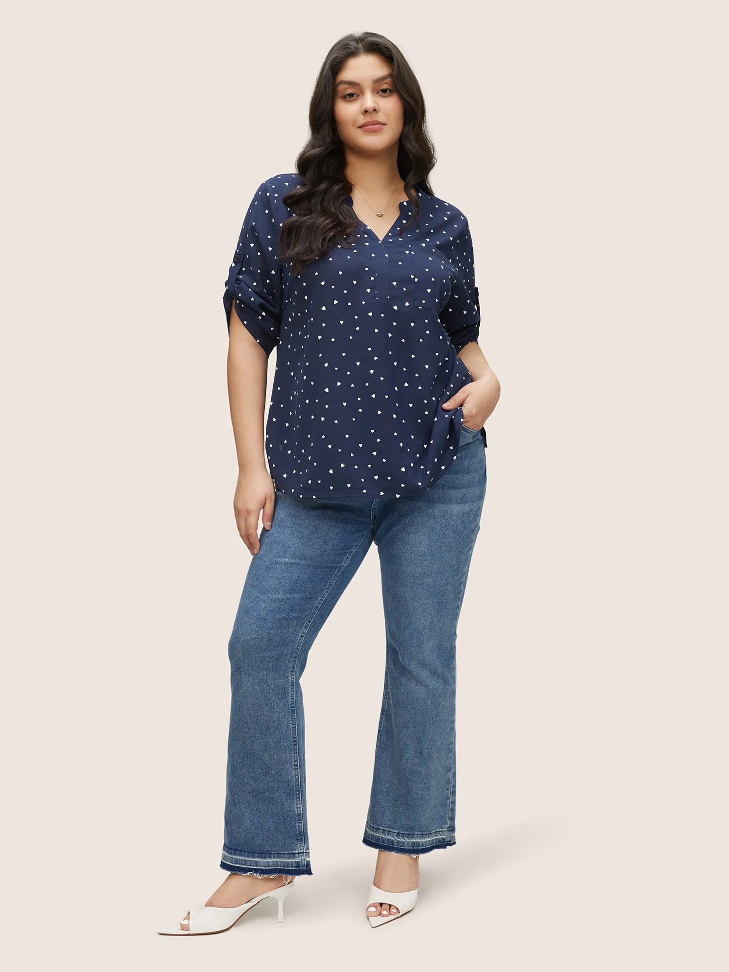 Heart Print Tab Sleeve Pocket Notched Blouse sold by Bloomchic product image thumbnail 2