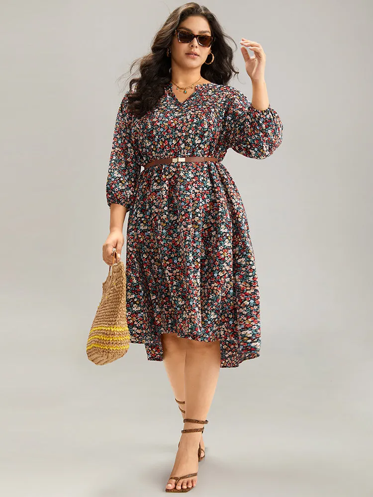 Ditsy Floral Pocket Lantern Sleeve Ruffle Hem Dress sold by Bloomchic product image thumbnail 4