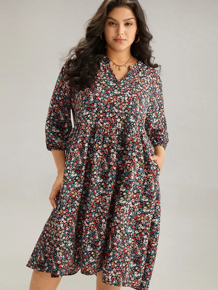 Ditsy Floral Pocket Lantern Sleeve Ruffle Hem Dress sold by Bloomchic