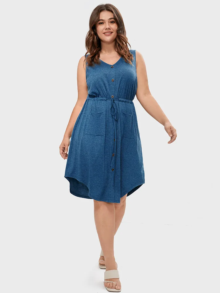 Solid Fake Buttons Drawstring Waist Patched Pocket Knee Dress sold by Bloomchic product image thumbnail 2